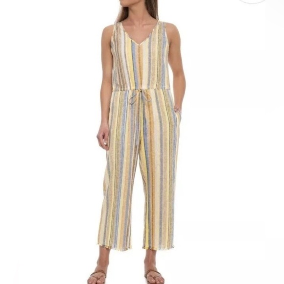 DREW Pants - DREW striped linen rayon jumpsuit summer vacation Anthropologie sz XS cropped